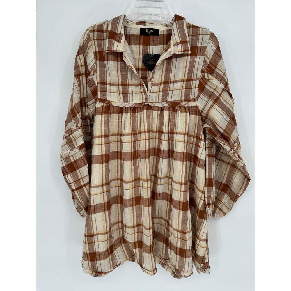 Meritt Brown Plaid Babydoll Tunic Top Dress Oversized Cotton Boho‎ Small NWT